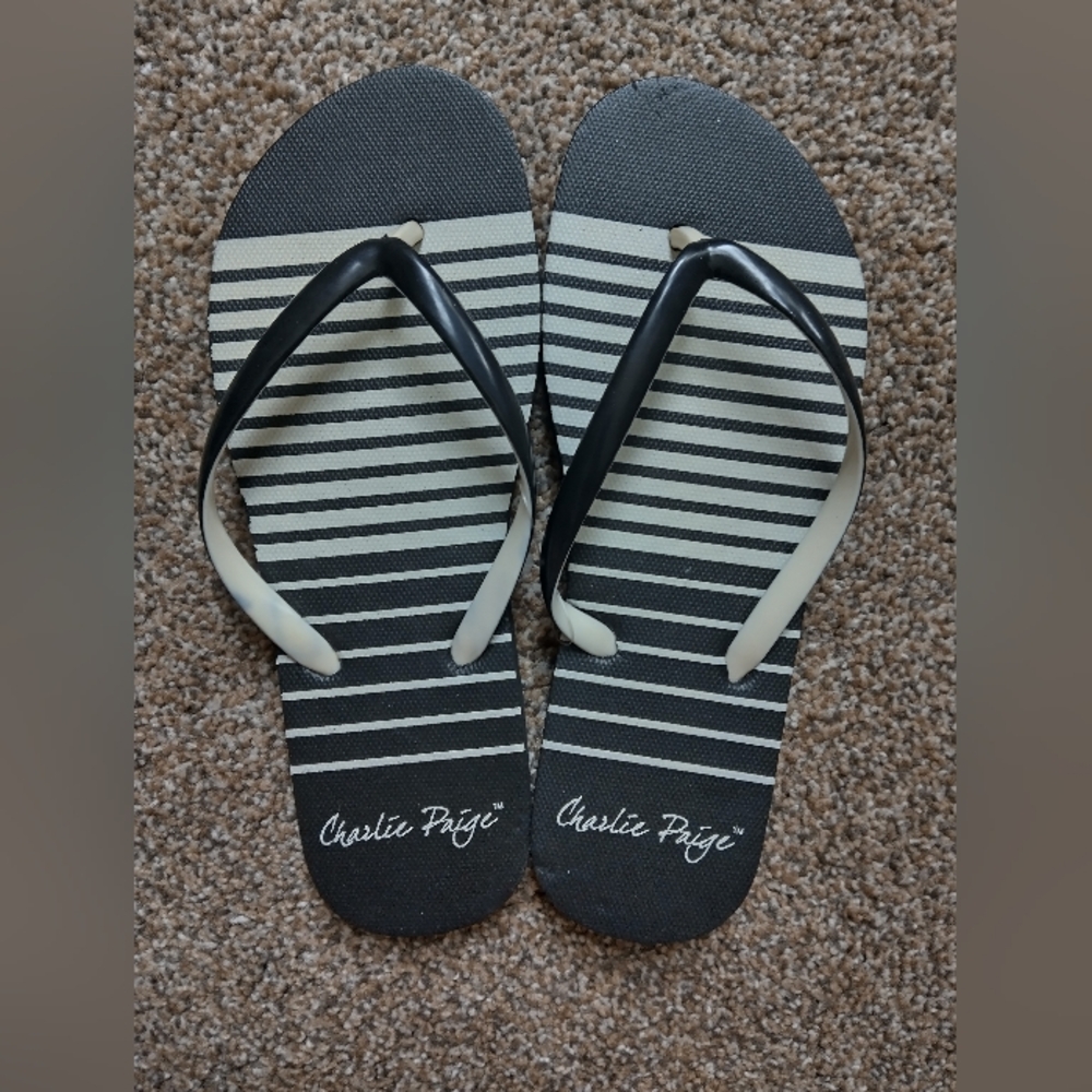 Charlie Paige Black and White Striped Flip Flops